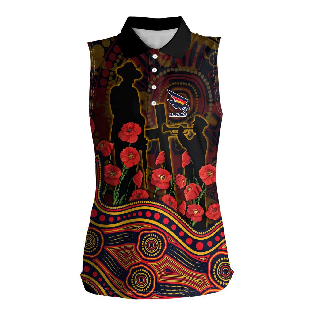 Adelaide Crows ANZAC Day Women Sleeveless Polo Shirt Indigenous Dot Art with Poppy Flower Tribute