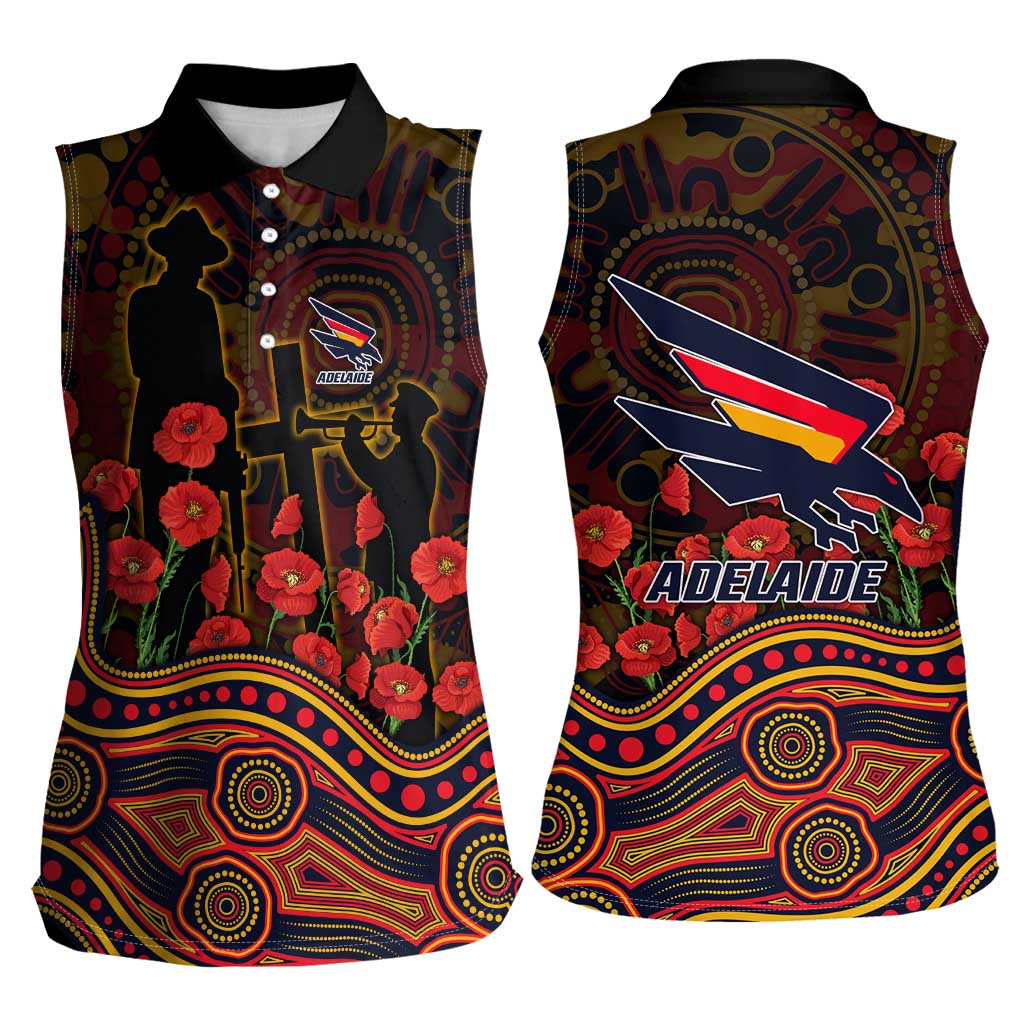 Adelaide Crows ANZAC Day Women Sleeveless Polo Shirt Indigenous Dot Art with Poppy Flower Tribute