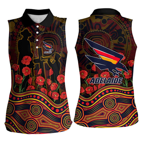 Adelaide Crows ANZAC Day Women Sleeveless Polo Shirt Indigenous Dot Art with Poppy Flower Tribute