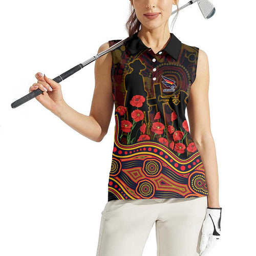 Adelaide Crows ANZAC Day Women Sleeveless Polo Shirt Indigenous Dot Art with Poppy Flower Tribute