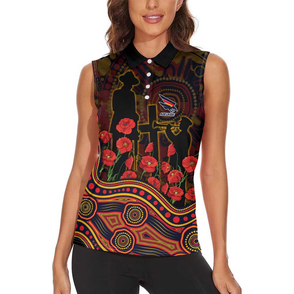 Adelaide Crows ANZAC Day Women Sleeveless Polo Shirt Indigenous Dot Art with Poppy Flower Tribute
