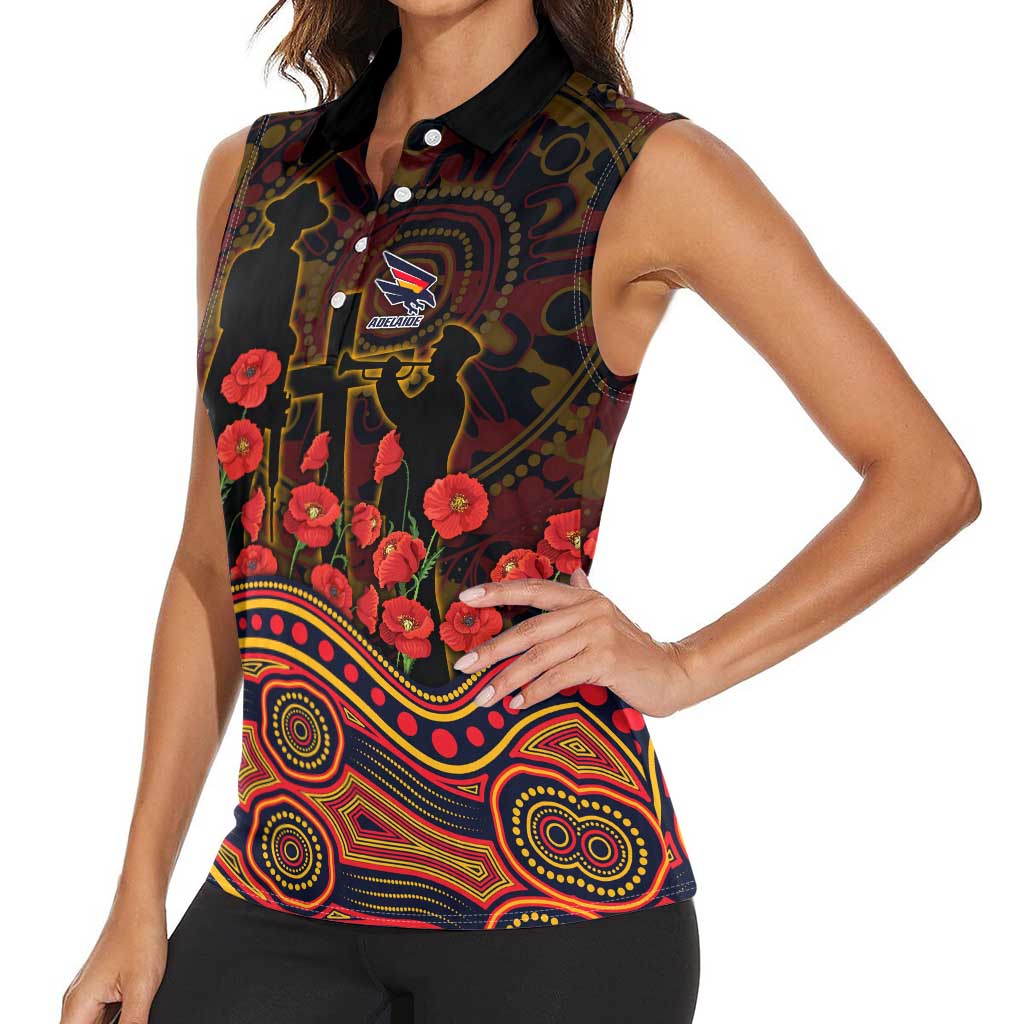 Adelaide Crows ANZAC Day Women Sleeveless Polo Shirt Indigenous Dot Art with Poppy Flower Tribute