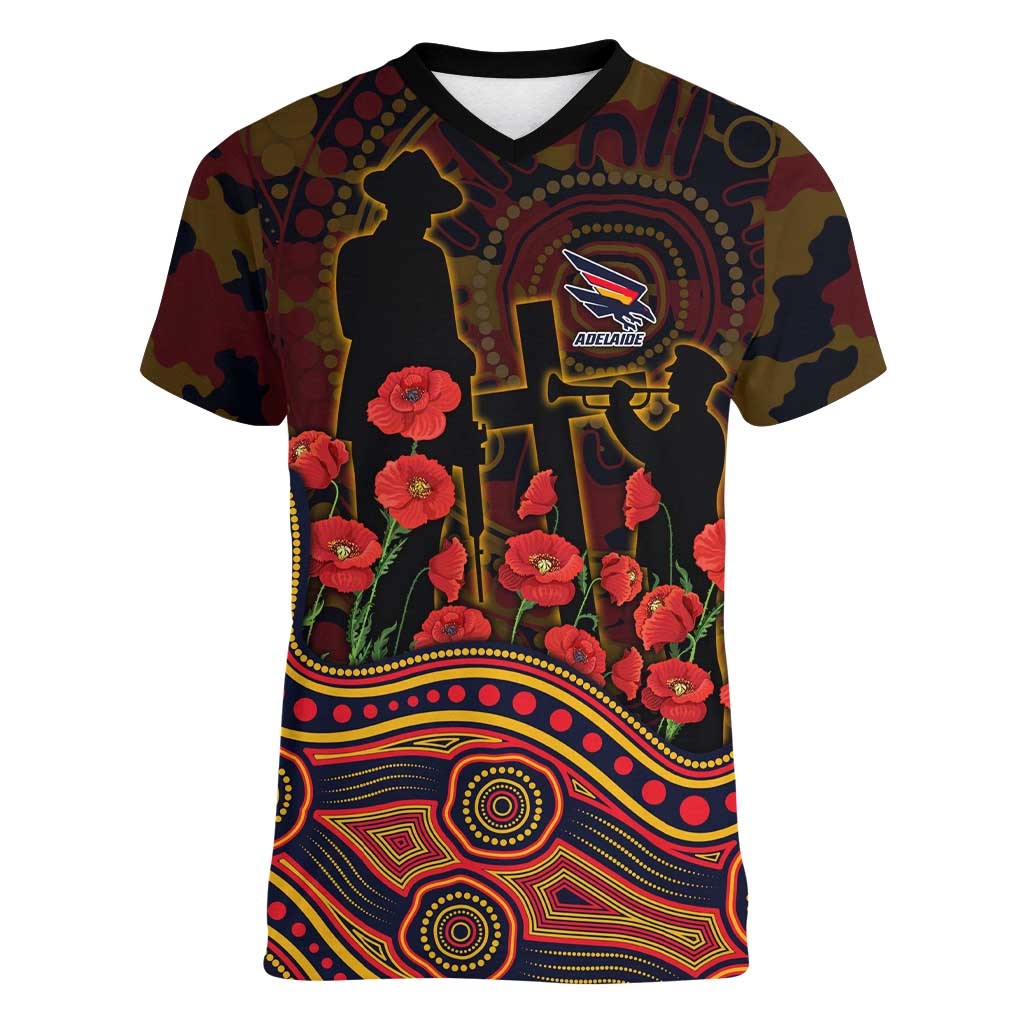 Adelaide Crows ANZAC Day Women V-Neck T-Shirt Indigenous Dot Art with Poppy Flower Tribute