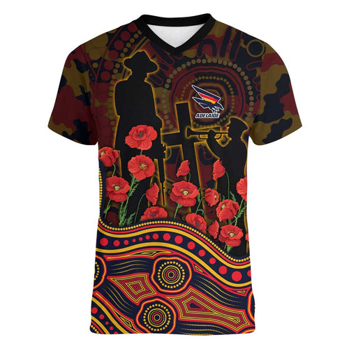 Adelaide Crows ANZAC Day Women V-Neck T-Shirt Indigenous Dot Art with Poppy Flower Tribute