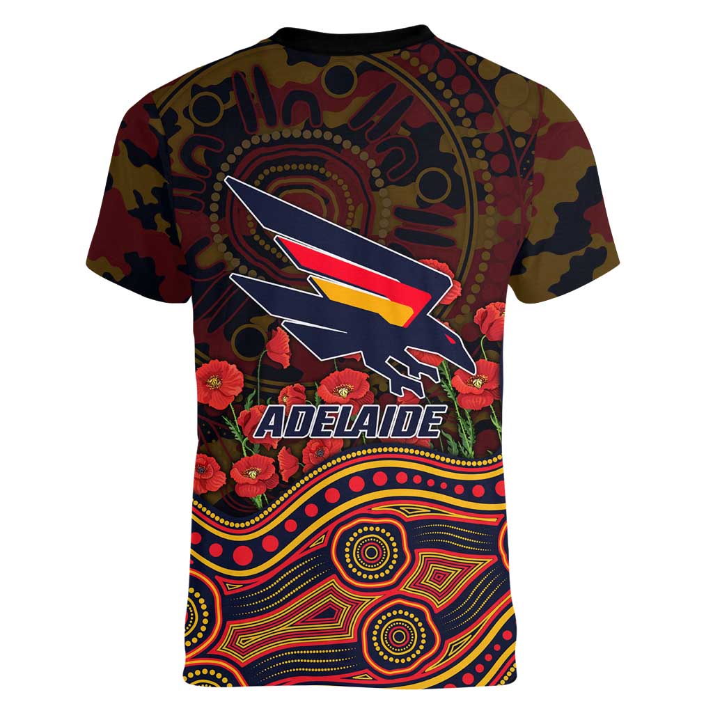 Adelaide Crows ANZAC Day Women V-Neck T-Shirt Indigenous Dot Art with Poppy Flower Tribute