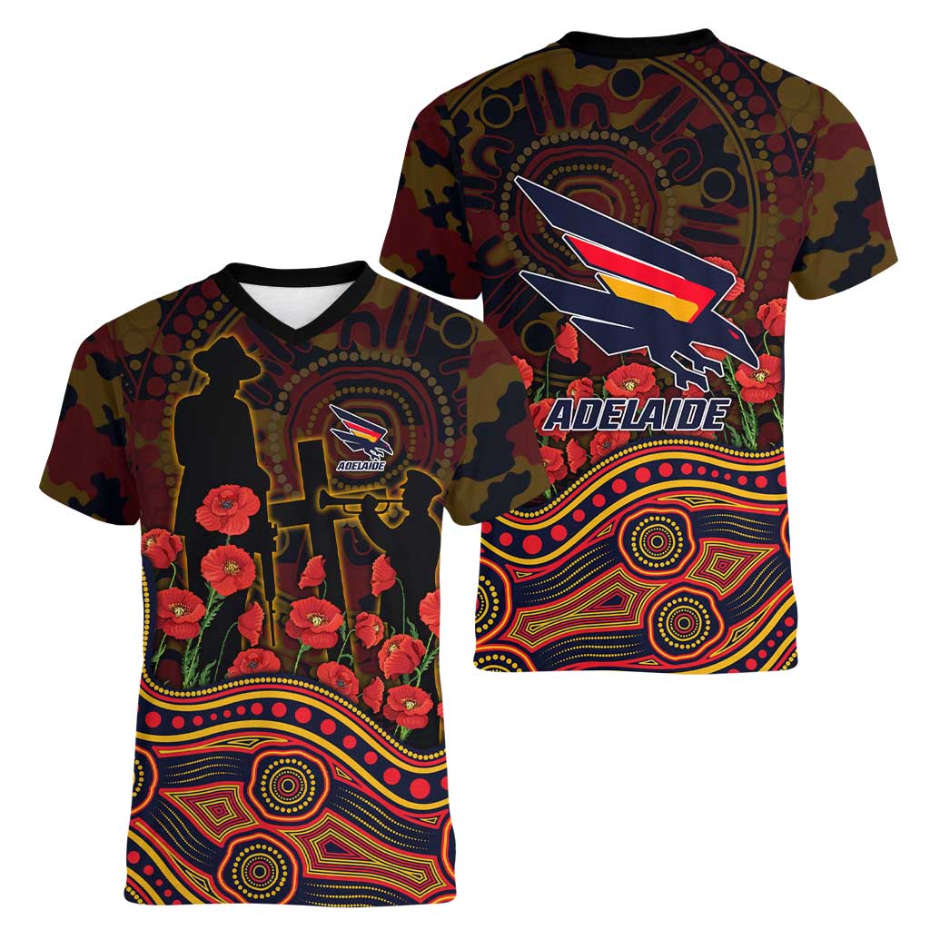 Adelaide Crows ANZAC Day Women V-Neck T-Shirt Indigenous Dot Art with Poppy Flower Tribute