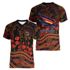 Adelaide Crows ANZAC Day Women V-Neck T-Shirt Indigenous Dot Art with Poppy Flower Tribute