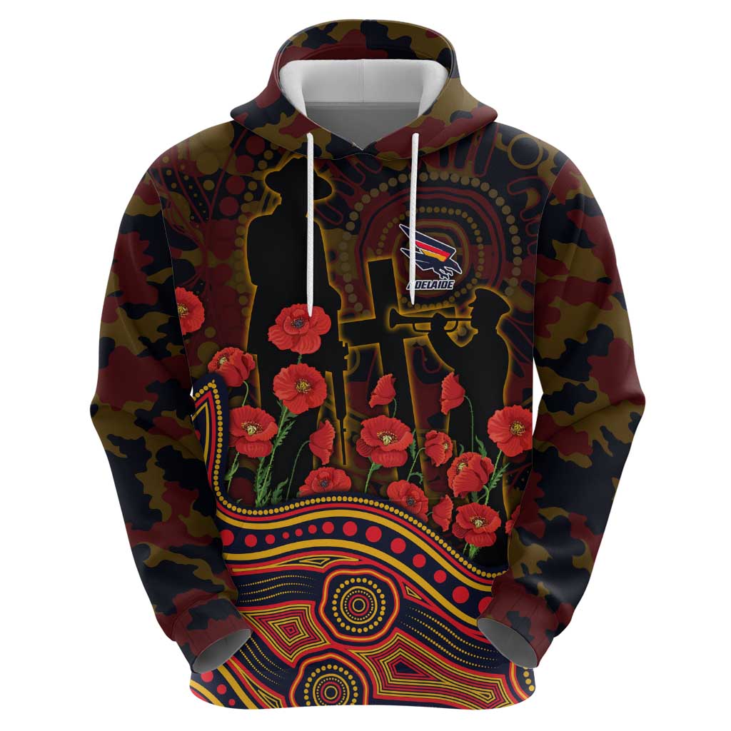 Adelaide Crows ANZAC Day Zip Hoodie Indigenous Dot Art with Poppy Flower Tribute