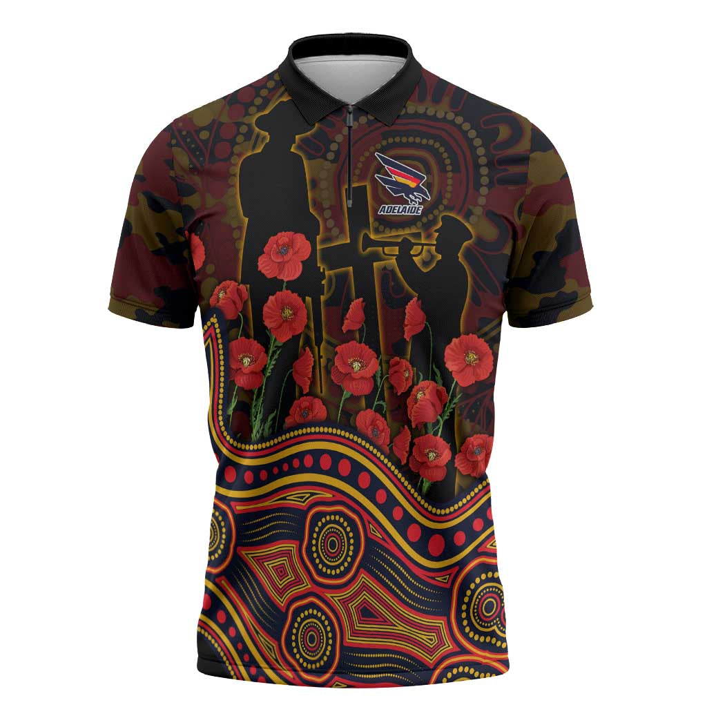 Adelaide Crows ANZAC Day Zipper Polo Shirt Indigenous Dot Art with Poppy Flower Tribute