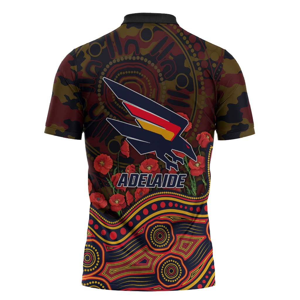 Adelaide Crows ANZAC Day Zipper Polo Shirt Indigenous Dot Art with Poppy Flower Tribute