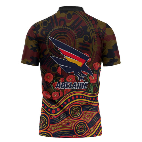 Adelaide Crows ANZAC Day Zipper Polo Shirt Indigenous Dot Art with Poppy Flower Tribute