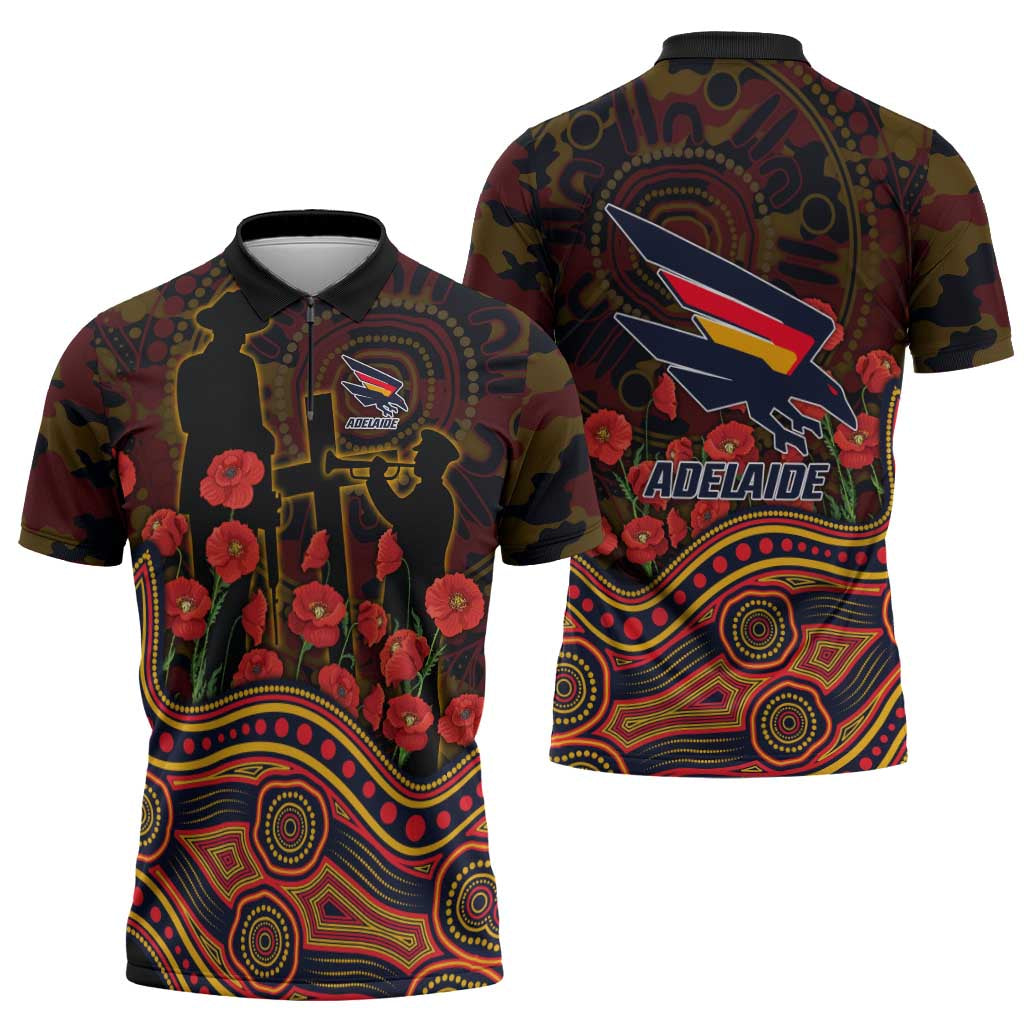 Adelaide Crows ANZAC Day Zipper Polo Shirt Indigenous Dot Art with Poppy Flower Tribute