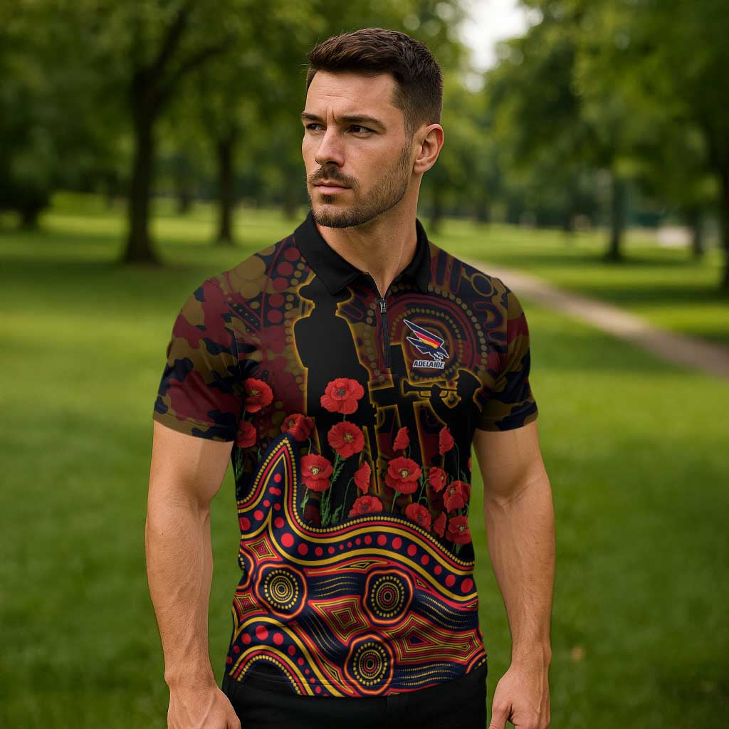 Adelaide Crows ANZAC Day Zipper Polo Shirt Indigenous Dot Art with Poppy Flower Tribute