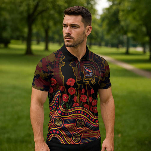 Adelaide Crows ANZAC Day Zipper Polo Shirt Indigenous Dot Art with Poppy Flower Tribute