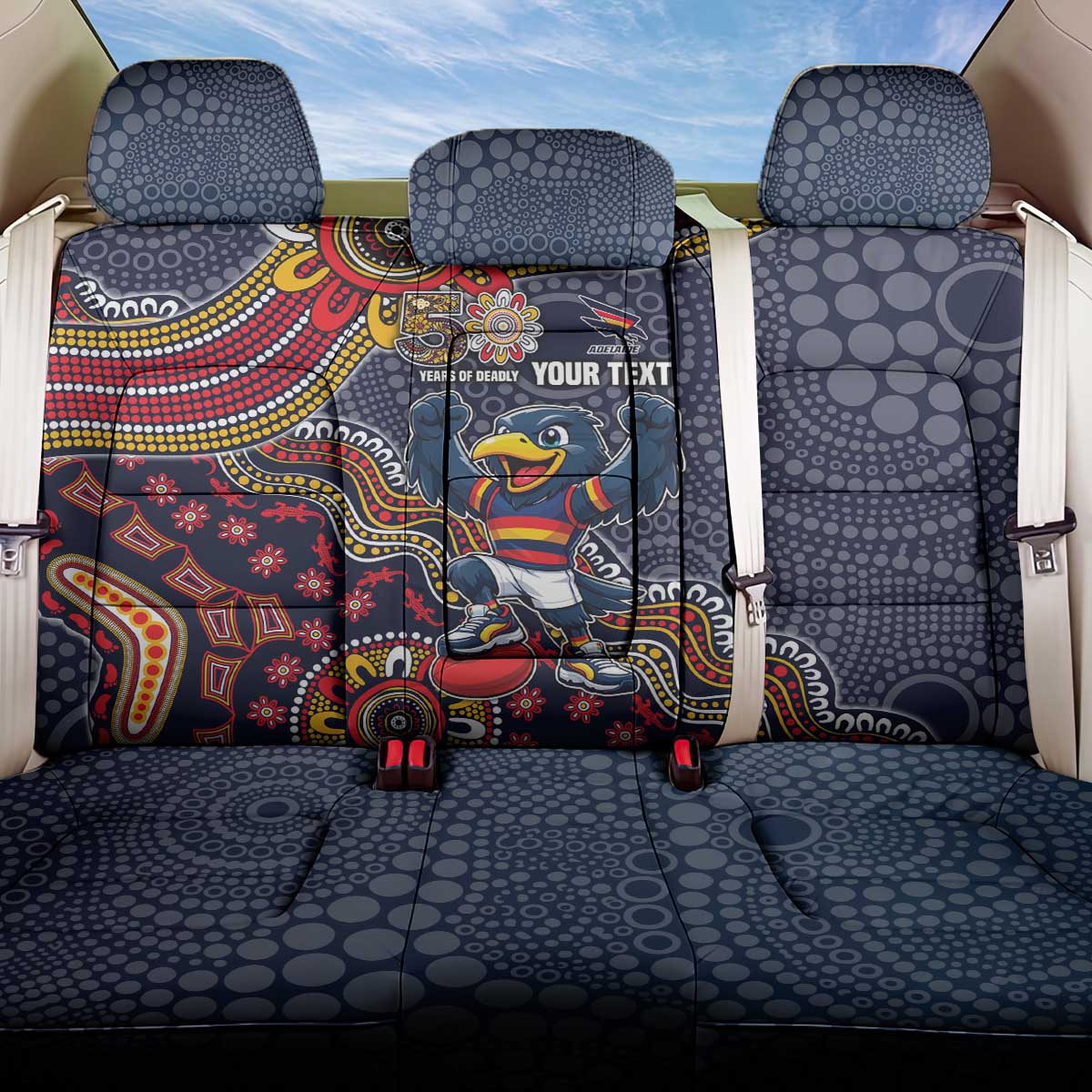 Personalized Adelaide Crows Mascot Back Car Seat Cover Aboriginal Dot Art Style Vibrant Indigenous Pattern Design