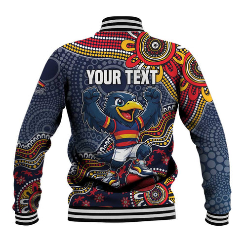 Personalized Adelaide Crows Mascot Baseball Jacket Aboriginal Dot Art Style Vibrant Indigenous Pattern Design