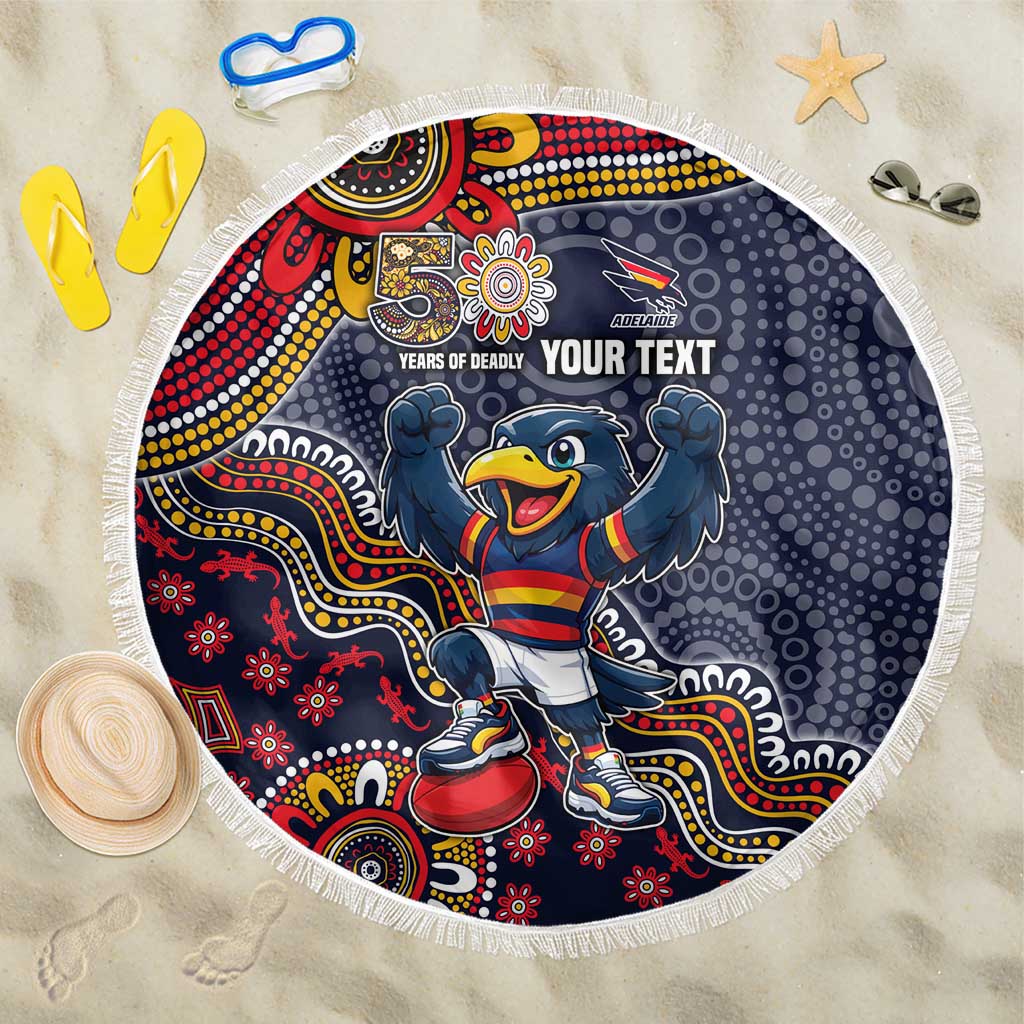 Personalized Adelaide Crows Mascot Beach Blanket Aboriginal Dot Art Style Vibrant Indigenous Pattern Design