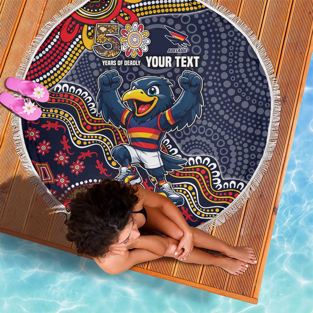 Personalized Adelaide Crows Mascot Beach Blanket Aboriginal Dot Art Style Vibrant Indigenous Pattern Design