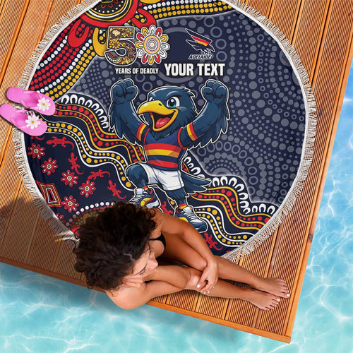Personalized Adelaide Crows Mascot Beach Blanket Aboriginal Dot Art Style Vibrant Indigenous Pattern Design