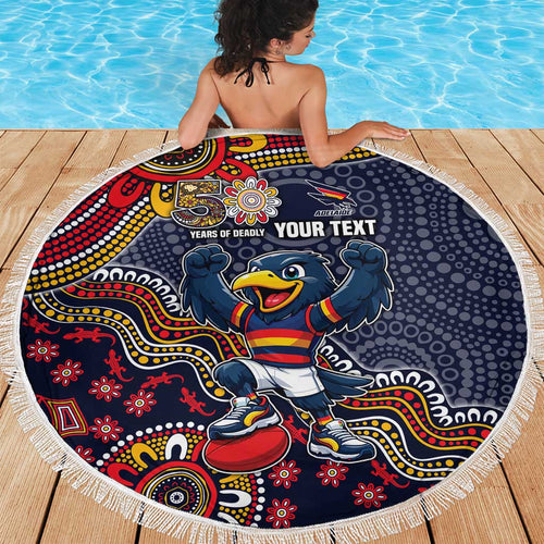 Personalized Adelaide Crows Mascot Beach Blanket Aboriginal Dot Art Style Vibrant Indigenous Pattern Design