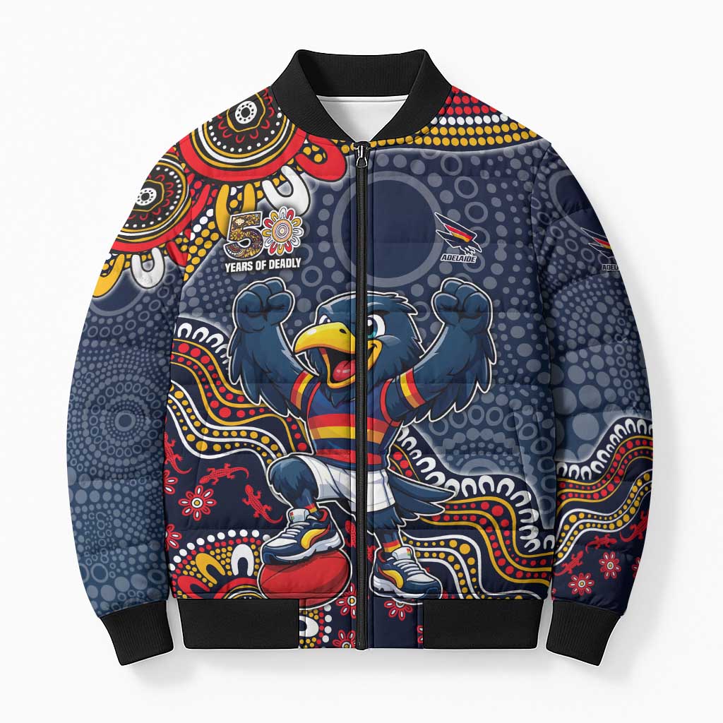 Personalized Adelaide Crows Mascot Bomber Puffer Jacket Aboriginal Dot Art Style Vibrant Indigenous Pattern Design