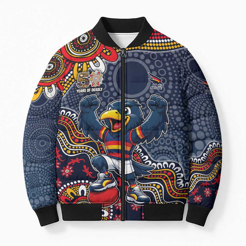 Personalized Adelaide Crows Mascot Bomber Puffer Jacket Aboriginal Dot Art Style Vibrant Indigenous Pattern Design