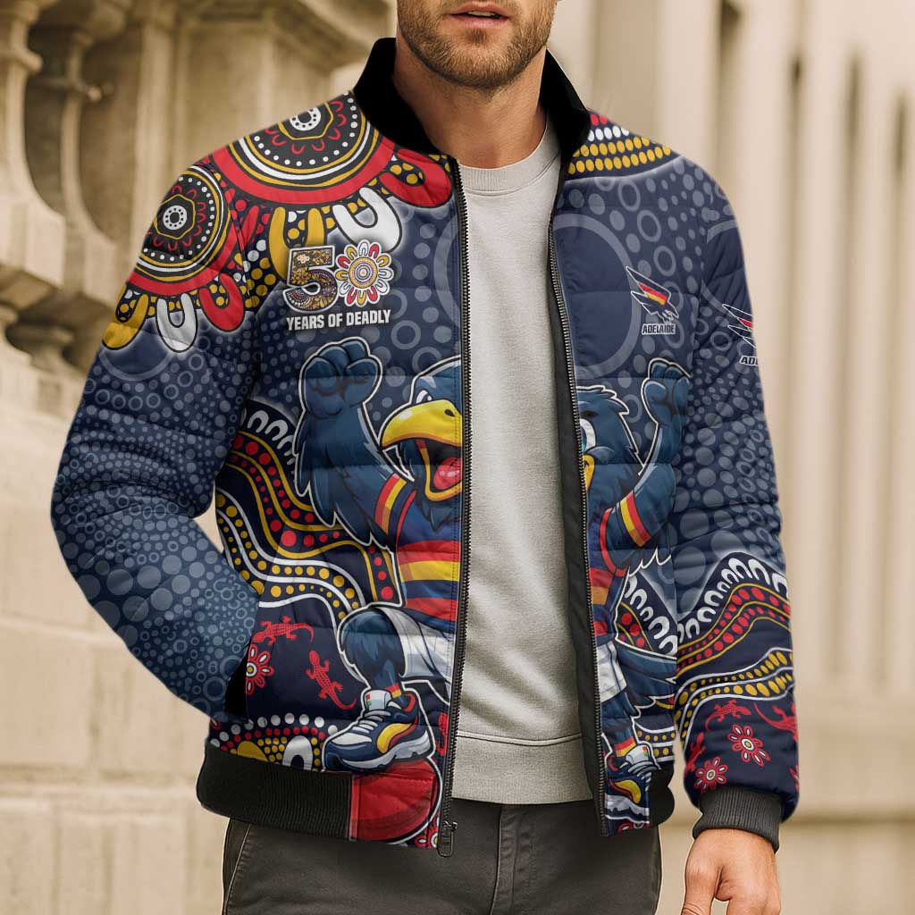 Personalized Adelaide Crows Mascot Bomber Puffer Jacket Aboriginal Dot Art Style Vibrant Indigenous Pattern Design