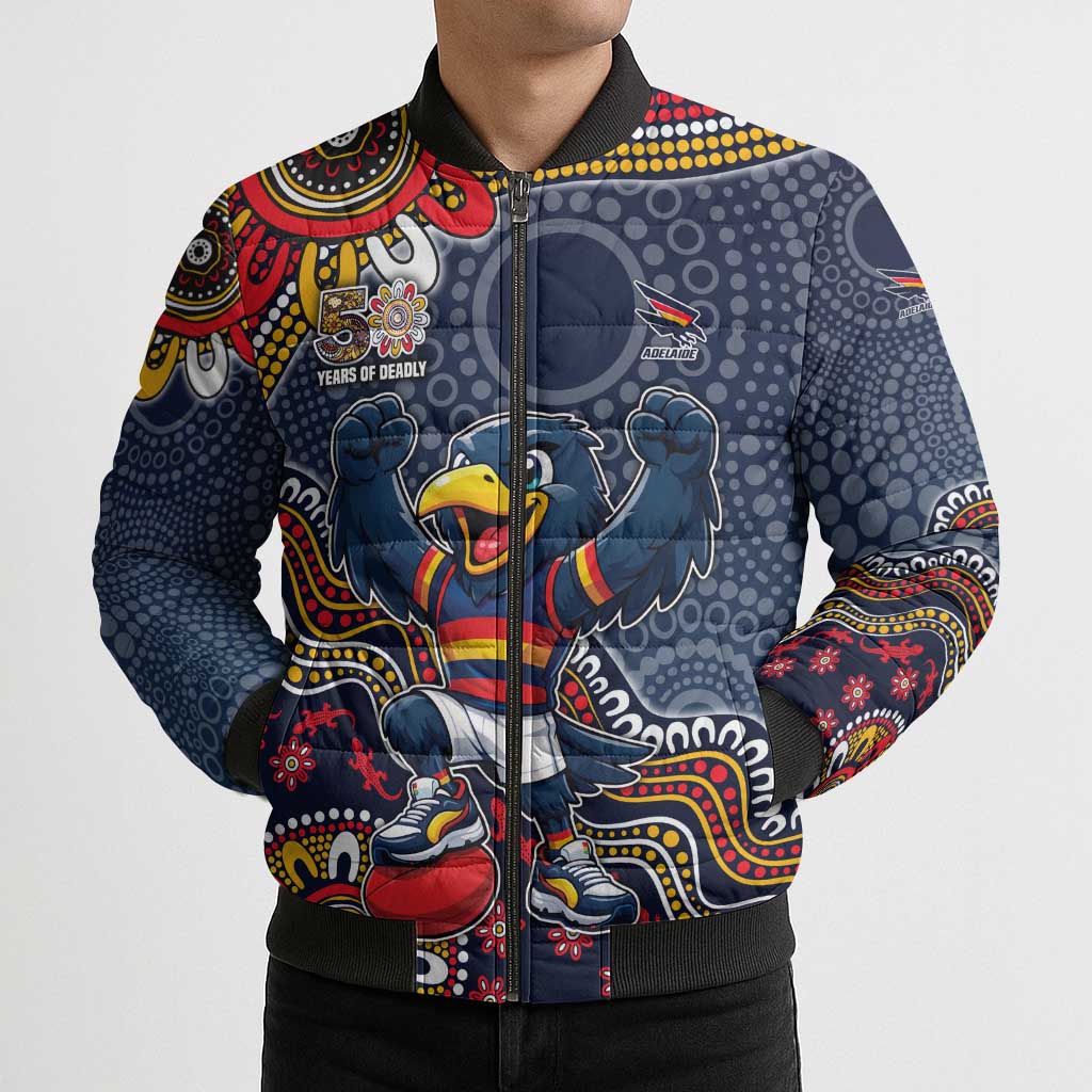 Personalized Adelaide Crows Mascot Bomber Puffer Jacket Aboriginal Dot Art Style Vibrant Indigenous Pattern Design