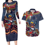 Personalized Adelaide Crows Mascot Couples Matching Long Sleeve Bodycon Dress and Hawaiian Shirt Aboriginal Dot Art Style Vibrant Indigenous Pattern Design
