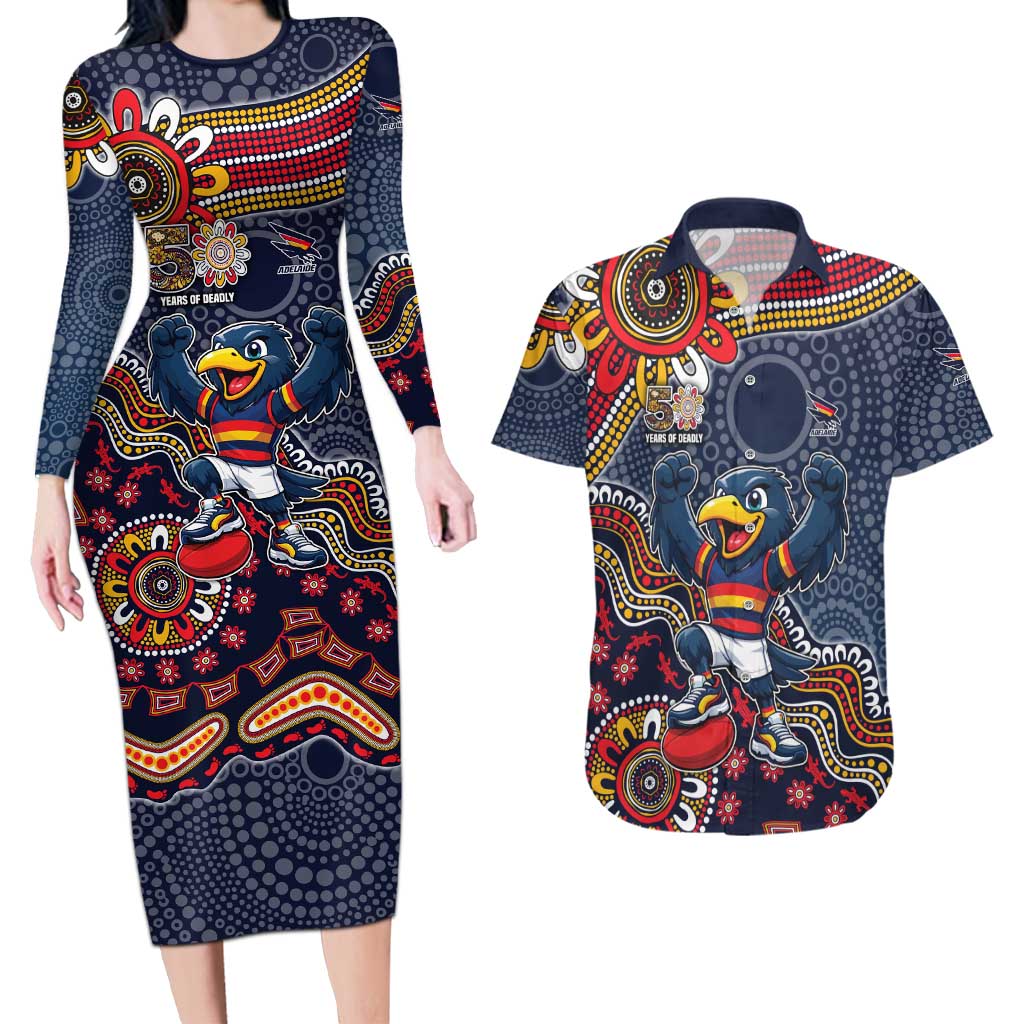 Personalized Adelaide Crows Mascot Couples Matching Long Sleeve Bodycon Dress and Hawaiian Shirt Aboriginal Dot Art Style Vibrant Indigenous Pattern Design