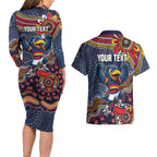 Personalized Adelaide Crows Mascot Couples Matching Long Sleeve Bodycon Dress and Hawaiian Shirt Aboriginal Dot Art Style Vibrant Indigenous Pattern Design