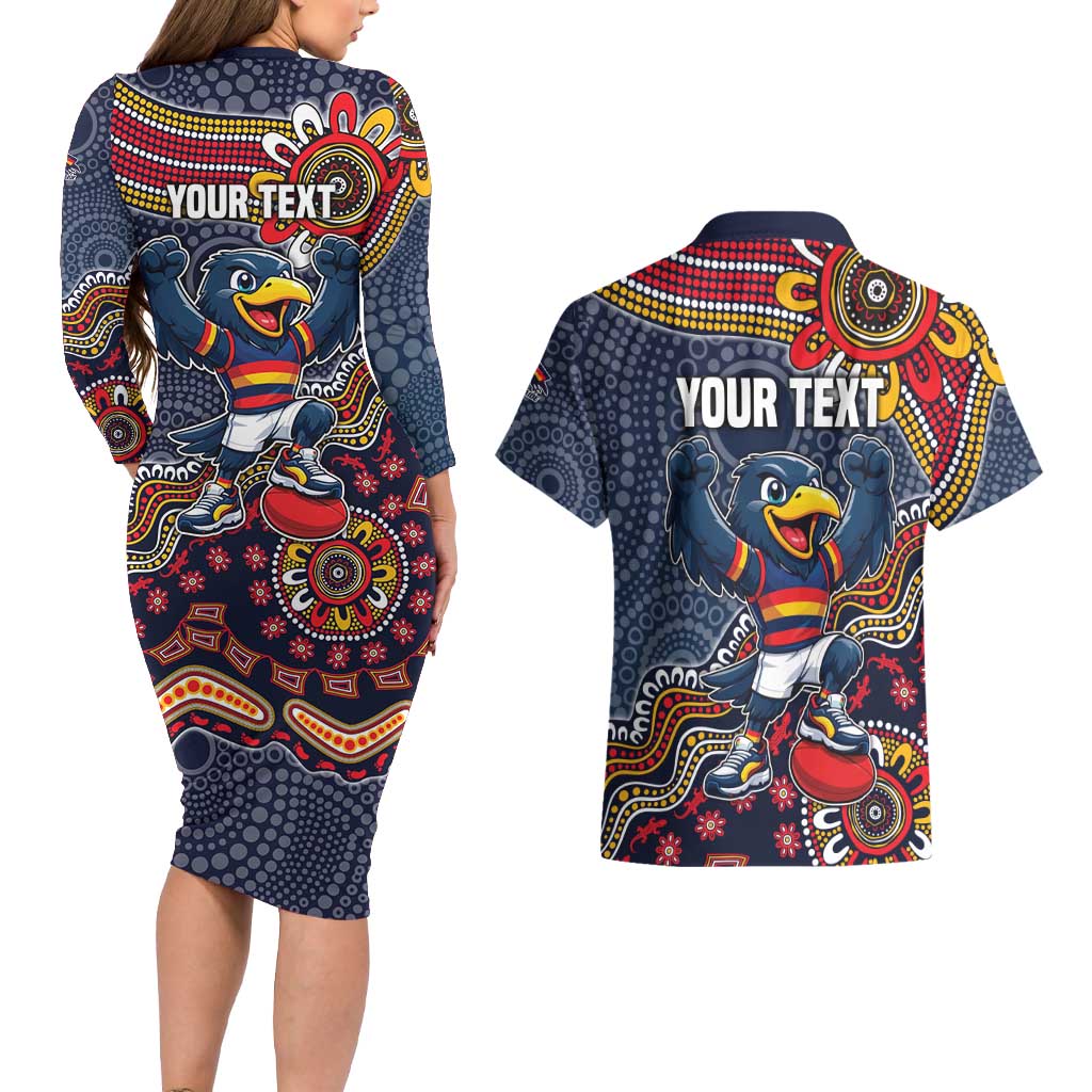 Personalized Adelaide Crows Mascot Couples Matching Long Sleeve Bodycon Dress and Hawaiian Shirt Aboriginal Dot Art Style Vibrant Indigenous Pattern Design