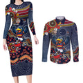 Personalized Adelaide Crows Mascot Couples Matching Long Sleeve Bodycon Dress and Long Sleeve Button Shirt Aboriginal Dot Art Style Vibrant Indigenous Pattern Design
