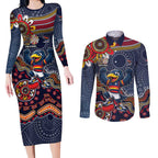 Personalized Adelaide Crows Mascot Couples Matching Long Sleeve Bodycon Dress and Long Sleeve Button Shirt Aboriginal Dot Art Style Vibrant Indigenous Pattern Design