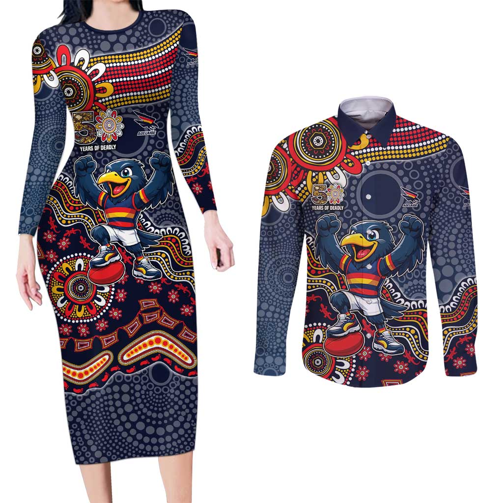 Personalized Adelaide Crows Mascot Couples Matching Long Sleeve Bodycon Dress and Long Sleeve Button Shirt Aboriginal Dot Art Style Vibrant Indigenous Pattern Design