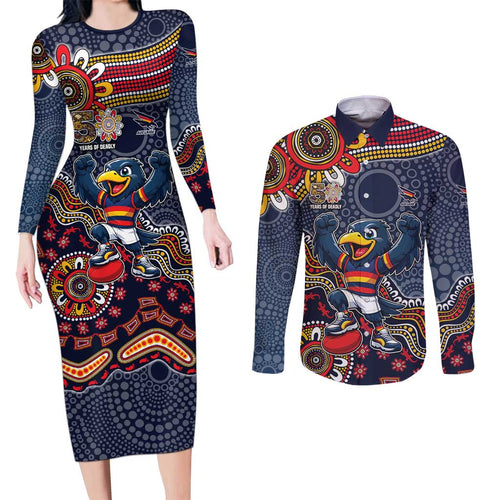 Personalized Adelaide Crows Mascot Couples Matching Long Sleeve Bodycon Dress and Long Sleeve Button Shirt Aboriginal Dot Art Style Vibrant Indigenous Pattern Design