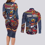 Personalized Adelaide Crows Mascot Couples Matching Long Sleeve Bodycon Dress and Long Sleeve Button Shirt Aboriginal Dot Art Style Vibrant Indigenous Pattern Design