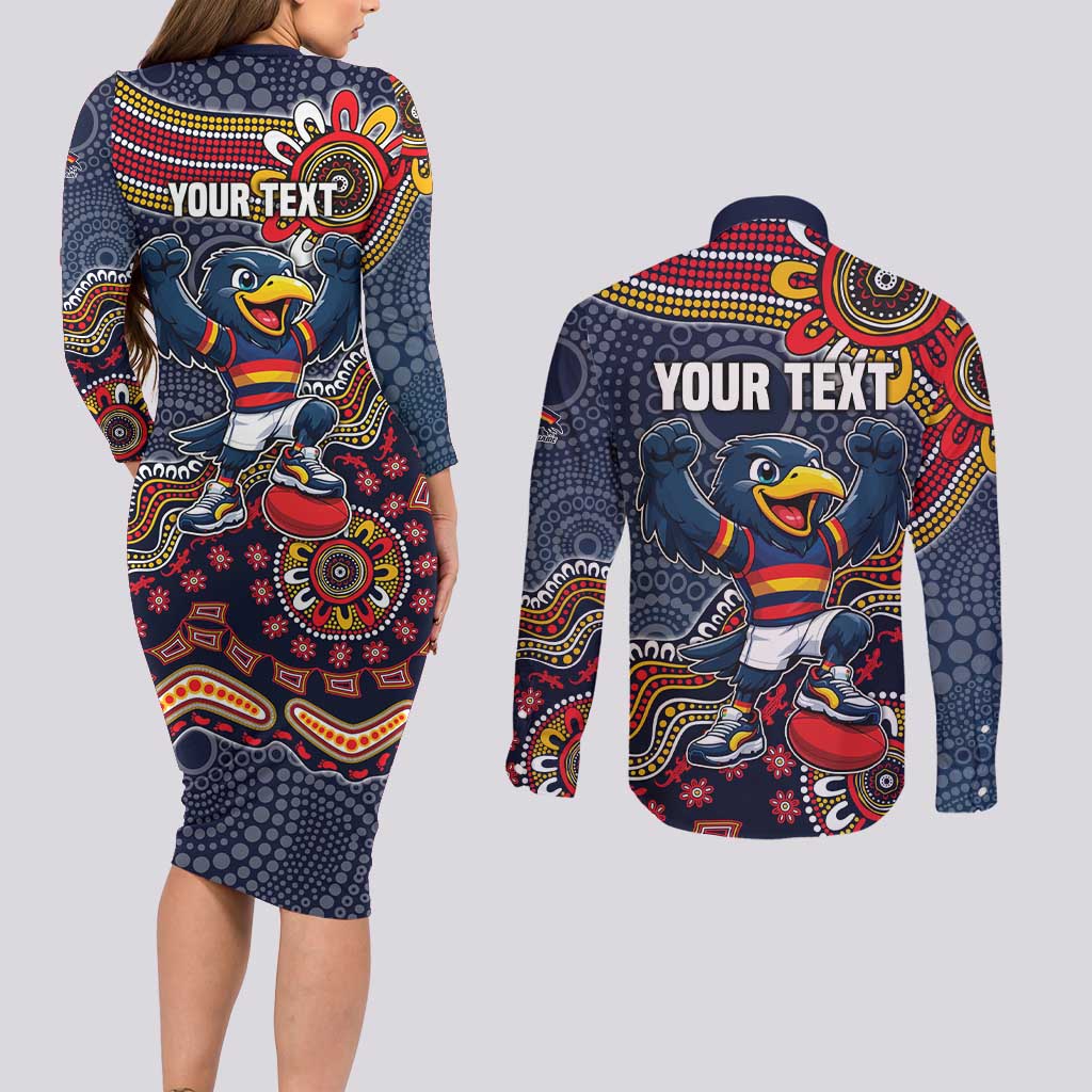 Personalized Adelaide Crows Mascot Couples Matching Long Sleeve Bodycon Dress and Long Sleeve Button Shirt Aboriginal Dot Art Style Vibrant Indigenous Pattern Design