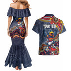 Personalized Adelaide Crows Mascot Couples Matching Mermaid Dress and Hawaiian Shirt Aboriginal Dot Art Style Vibrant Indigenous Pattern Design