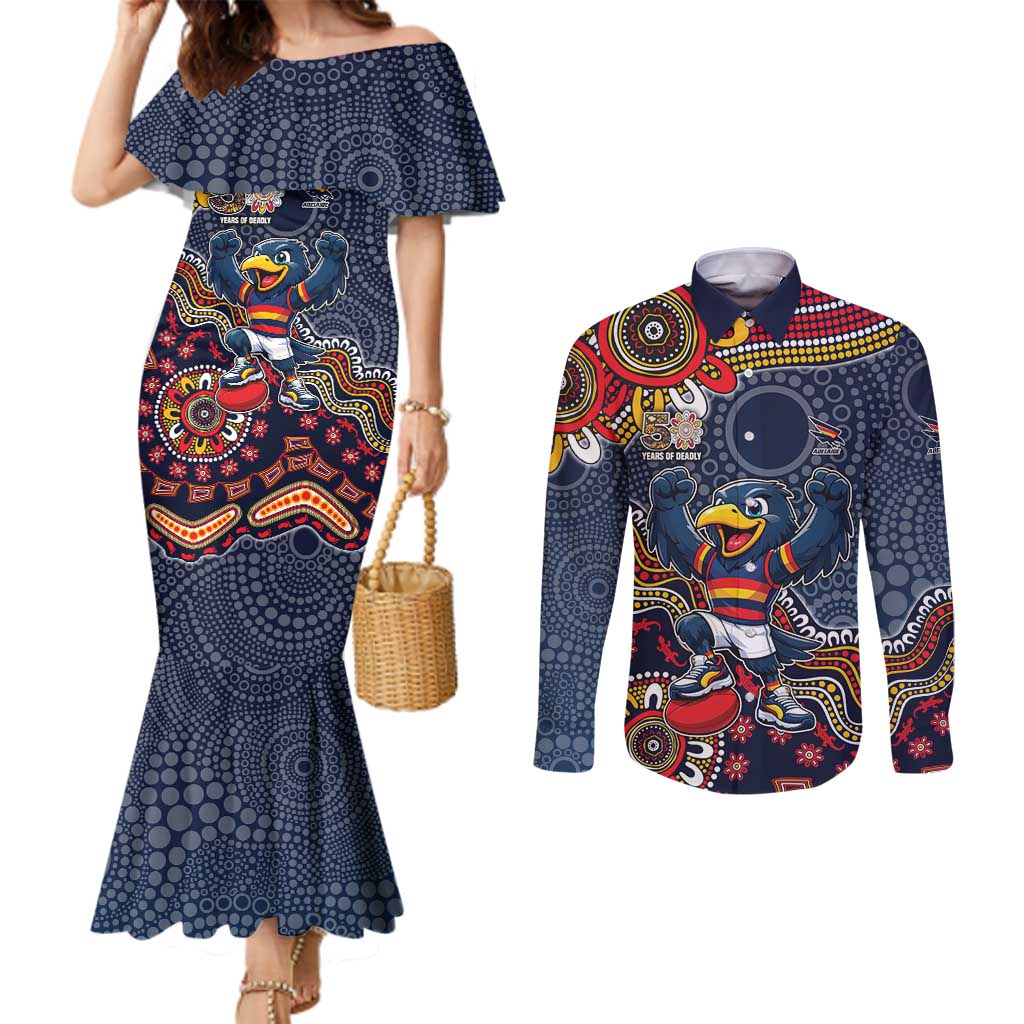 Personalized Adelaide Crows Mascot Couples Matching Mermaid Dress and Long Sleeve Button Shirt Aboriginal Dot Art Style Vibrant Indigenous Pattern Design