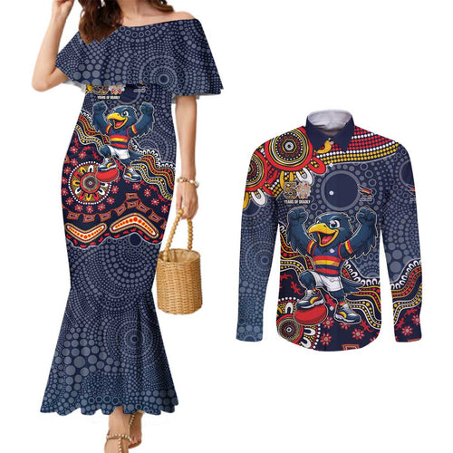 Personalized Adelaide Crows Mascot Couples Matching Mermaid Dress and Long Sleeve Button Shirt Aboriginal Dot Art Style Vibrant Indigenous Pattern Design