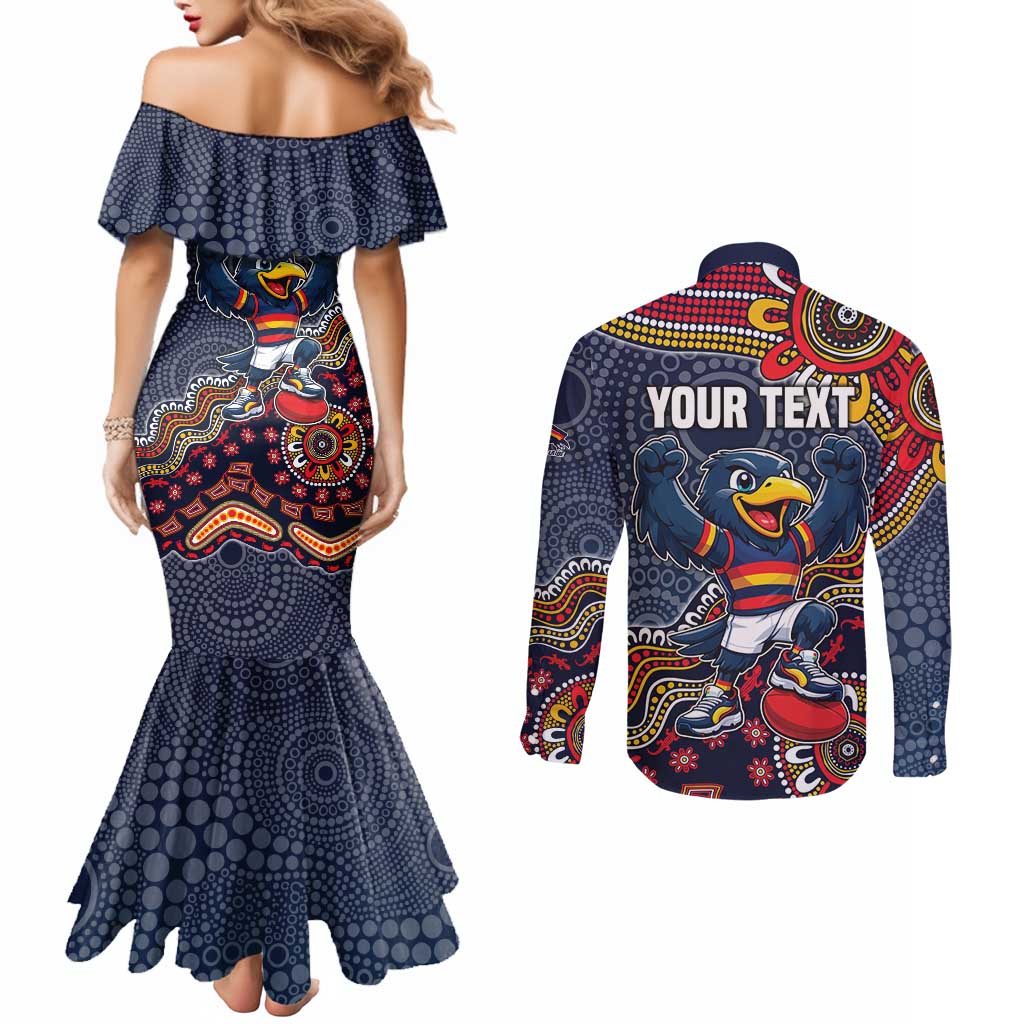Personalized Adelaide Crows Mascot Couples Matching Mermaid Dress and Long Sleeve Button Shirt Aboriginal Dot Art Style Vibrant Indigenous Pattern Design