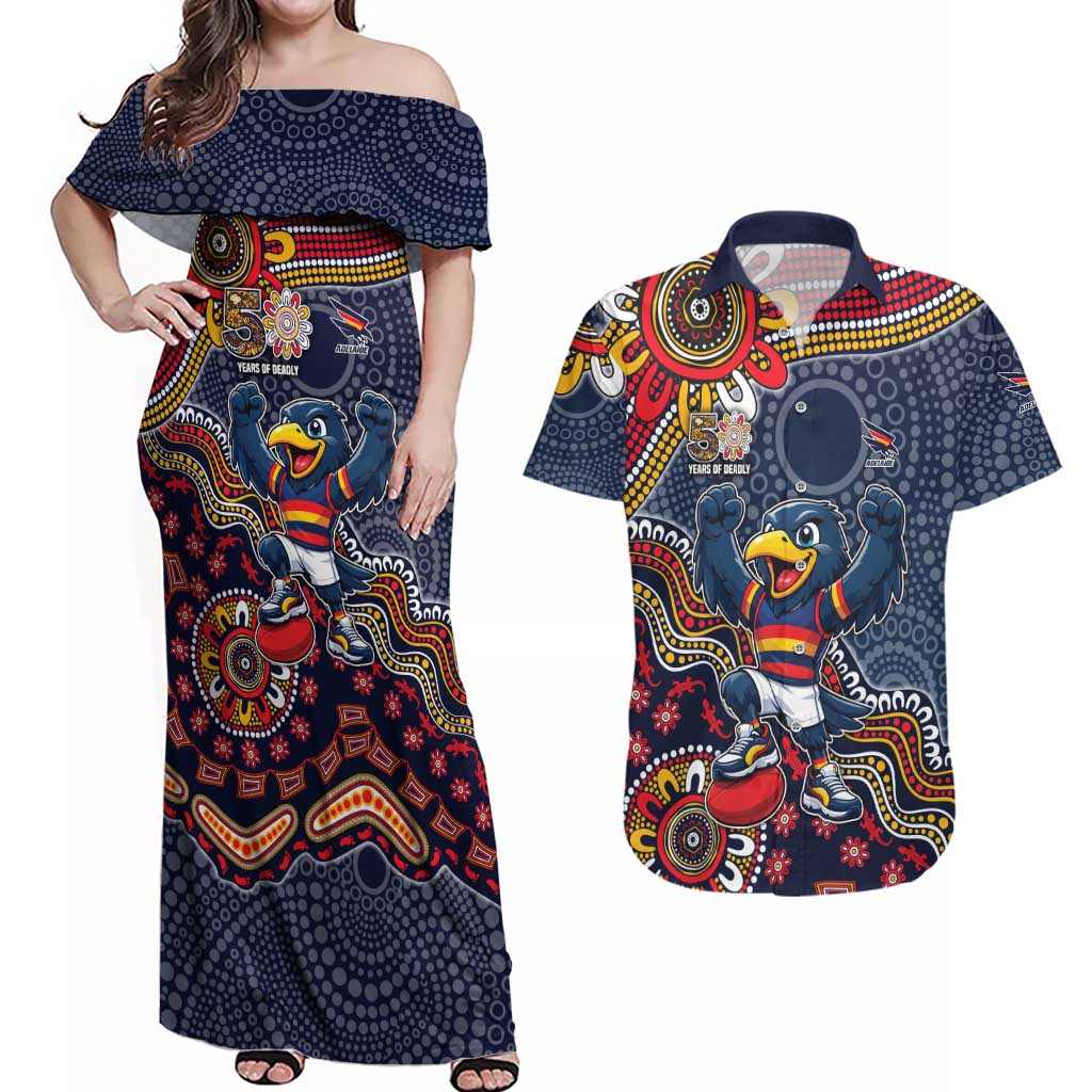 Personalized Adelaide Crows Mascot Couples Matching Off Shoulder Maxi Dress and Hawaiian Shirt Aboriginal Dot Art Style Vibrant Indigenous Pattern Design