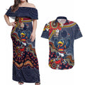 Personalized Adelaide Crows Mascot Couples Matching Off Shoulder Maxi Dress and Hawaiian Shirt Aboriginal Dot Art Style Vibrant Indigenous Pattern Design