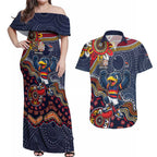 Personalized Adelaide Crows Mascot Couples Matching Off Shoulder Maxi Dress and Hawaiian Shirt Aboriginal Dot Art Style Vibrant Indigenous Pattern Design