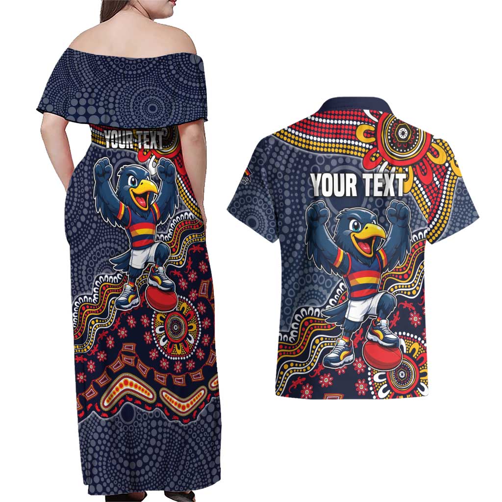 Personalized Adelaide Crows Mascot Couples Matching Off Shoulder Maxi Dress and Hawaiian Shirt Aboriginal Dot Art Style Vibrant Indigenous Pattern Design