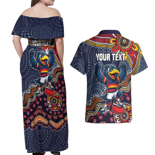 Personalized Adelaide Crows Mascot Couples Matching Off Shoulder Maxi Dress and Hawaiian Shirt Aboriginal Dot Art Style Vibrant Indigenous Pattern Design