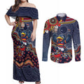 Personalized Adelaide Crows Mascot Couples Matching Off Shoulder Maxi Dress and Long Sleeve Button Shirt Aboriginal Dot Art Style Vibrant Indigenous Pattern Design