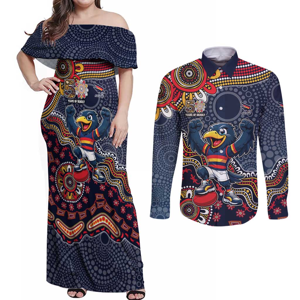 Personalized Adelaide Crows Mascot Couples Matching Off Shoulder Maxi Dress and Long Sleeve Button Shirt Aboriginal Dot Art Style Vibrant Indigenous Pattern Design