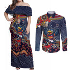 Personalized Adelaide Crows Mascot Couples Matching Off Shoulder Maxi Dress and Long Sleeve Button Shirt Aboriginal Dot Art Style Vibrant Indigenous Pattern Design
